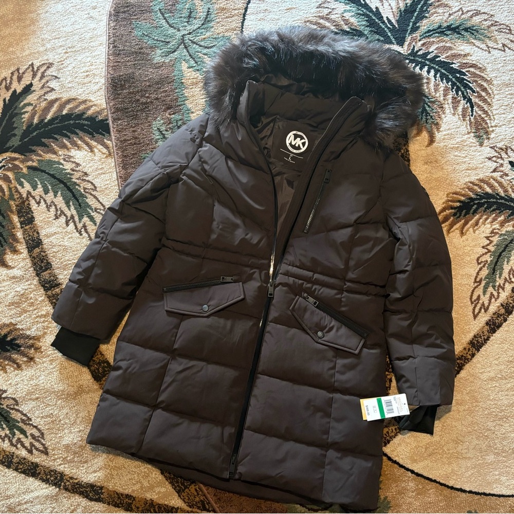 Michael Kors Chocolate Winter Puffer Coat MK Jacket Fur Hood Size S M L XL NWT - Picture 1 of 12